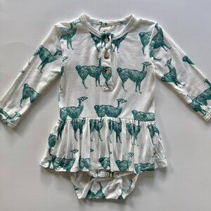 Kate Quinn Henley Romper | Long Sleeve, Llama Print | Green | 12–18M | NWT